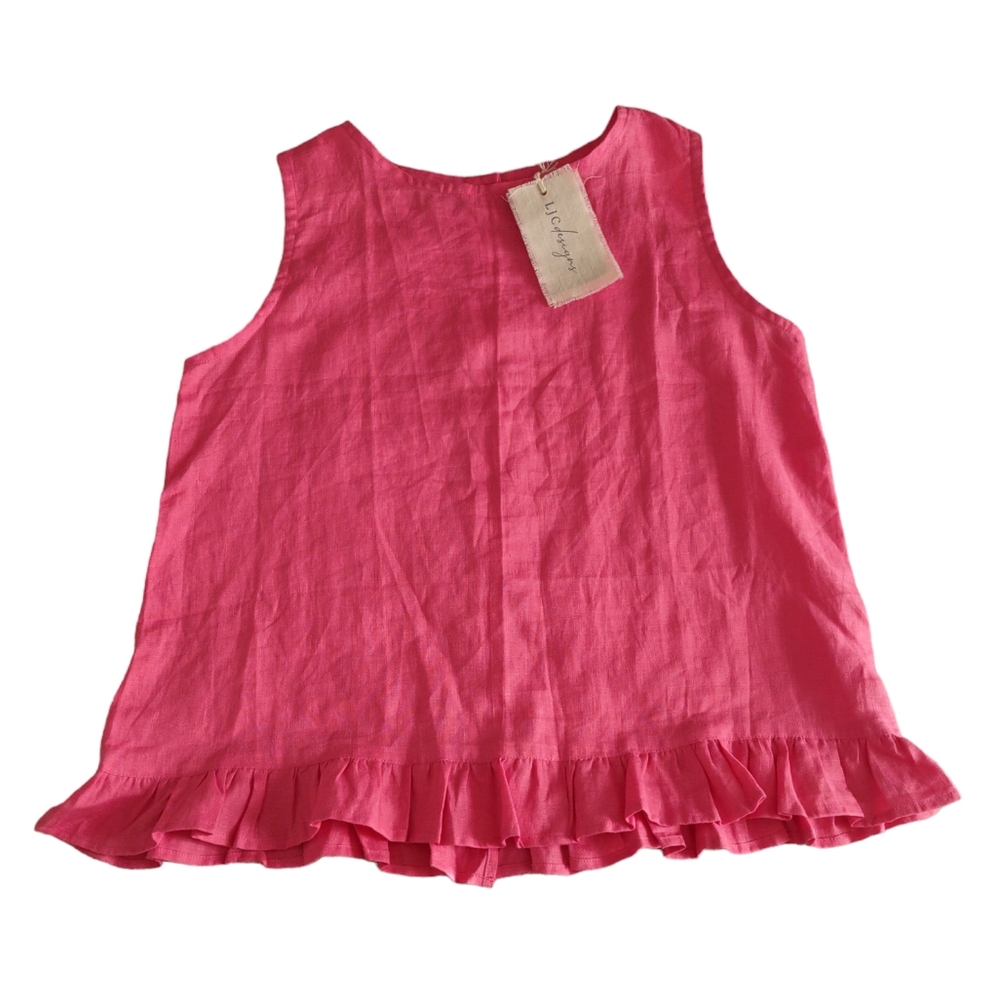 NWT LJC Designs Size XL 100% Linen Pink Button Back Sleeveless Ruffle Hem Top